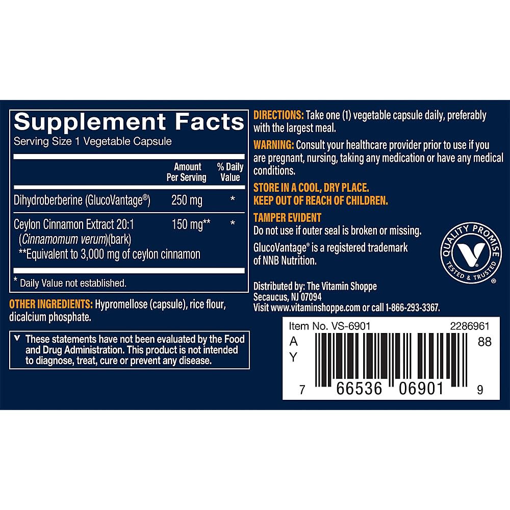 Vthrive Dihydroberberine with Ceylon Cinnamon Blood Sugar Support, Vegetarian Capsules, 30 Capsules