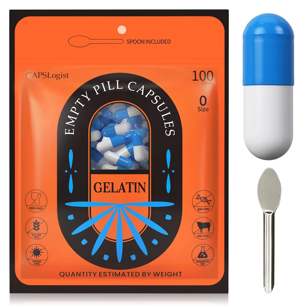 CAPSLogist Empty Gelatin Capsules, Capsule, 100 Count, Blue/White