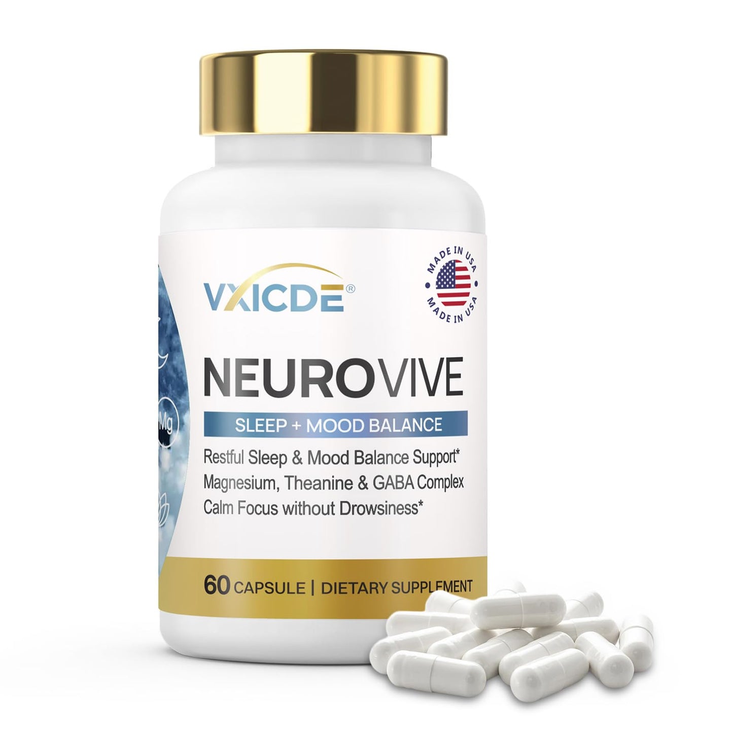 VXICDE NeuroVive Sleep Capsules, 60 Capsules, GMO Free, Gluten Free, Made in USA