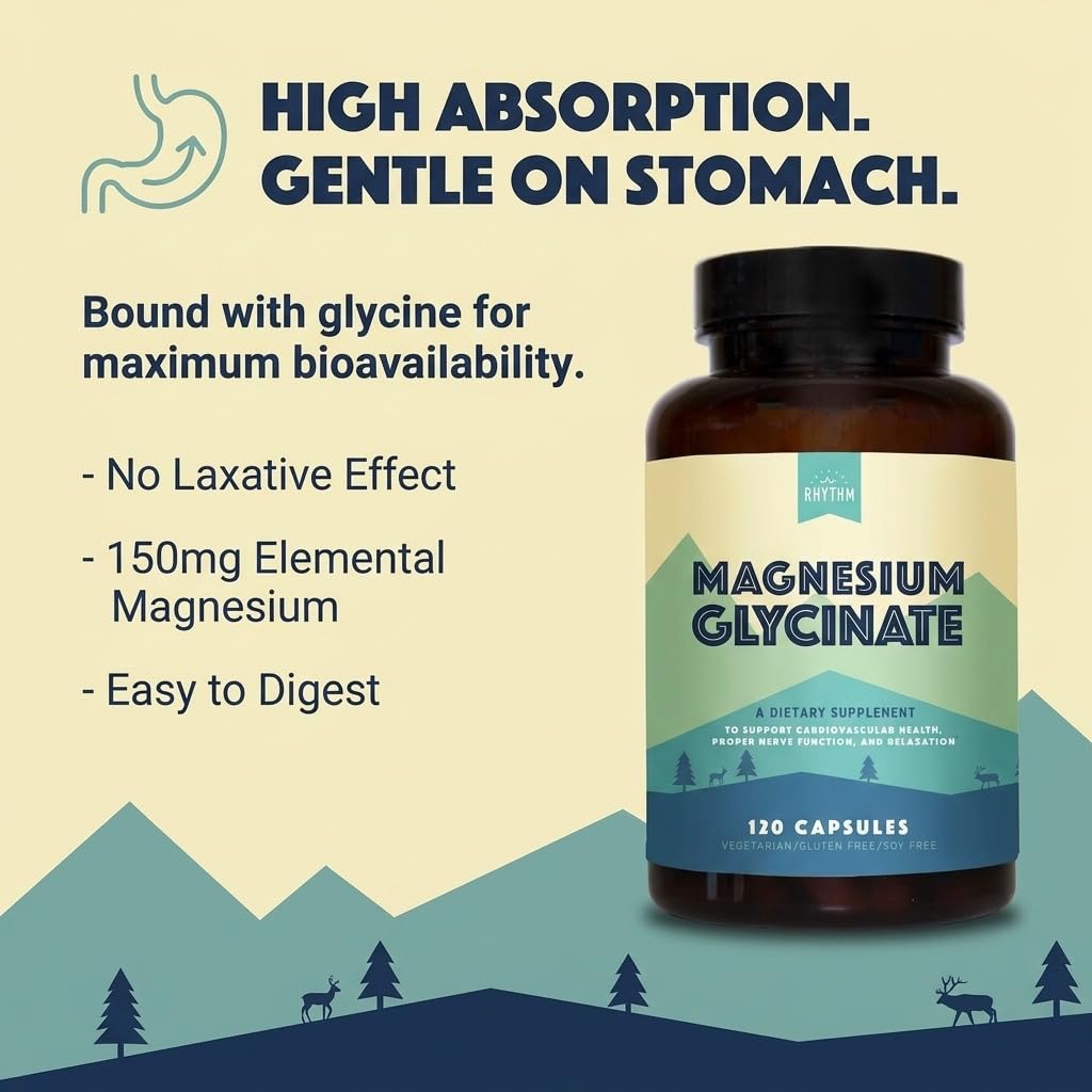 Natural Rhythm Magnesium Glycinate 150mg High Absorption Elemental Magnesium Capsules, 120 Count