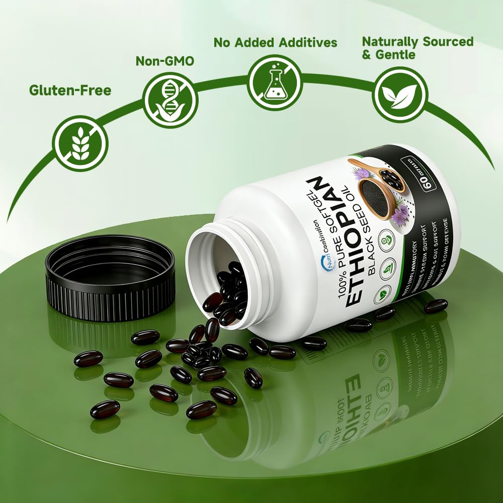 nsseelo Ethiopian Black Seed Oil Capsules with 4.64% Thymoquinone, Immune Support & Digestion & Energy Booster, Gluten-Free, Non-GMO, 60 Capsules