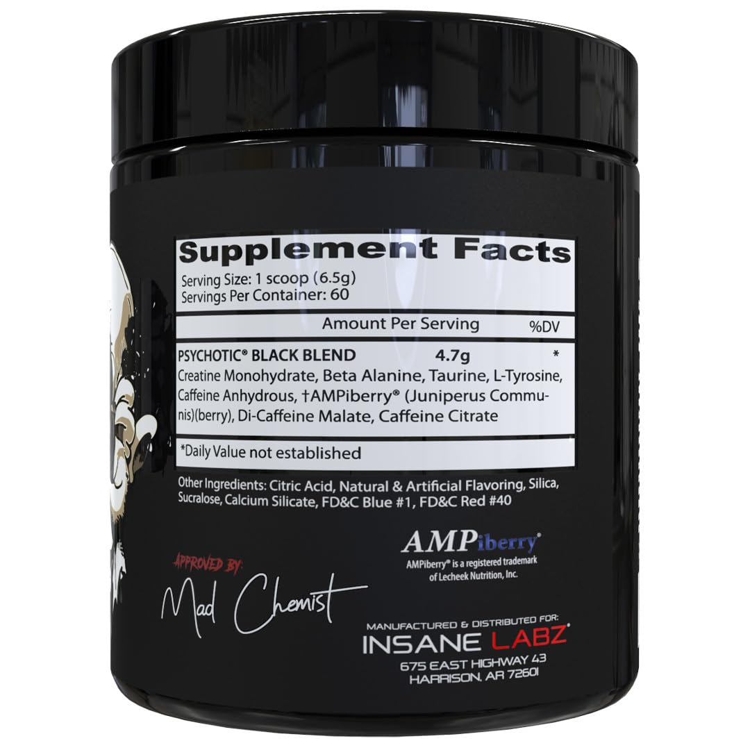Insane Labz Psychotic Black Edition Mid Stimulant Pre Workout Powder, 13.8 Ounce