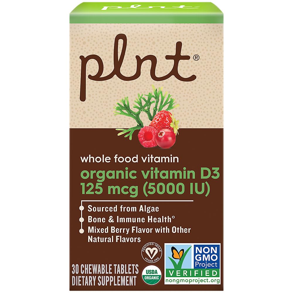 plnt Organic Vitamin D3 125 mcg (5,000 IU) Whole Food Vitamin A Mixed Berry Chewable Tablets, 30