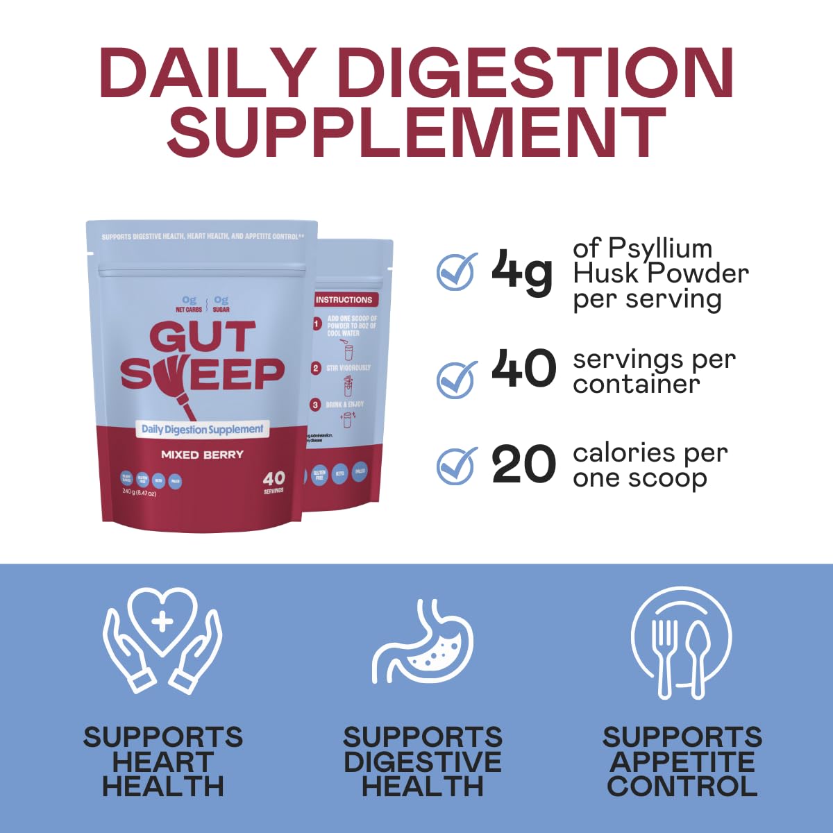 generic Gut Sweep Psyllium Husk Powder 8 oz Daily Digestion Supplement Gluten Free & Plant Based Keto & Paleo Friendly Mixed Berry