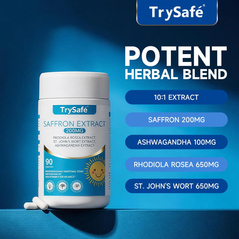TrySafe 4-in-1 200mg Saffron Capsule with 650mg Rhodiola Rosea, 650mg St. John's Wort & 100mg Ashwagandha, 90 Capsules