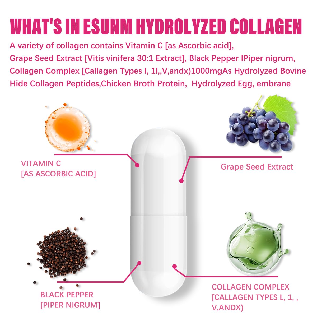 ESUNM Multi Collagen Capsules for Women & Men, 60 Capsules