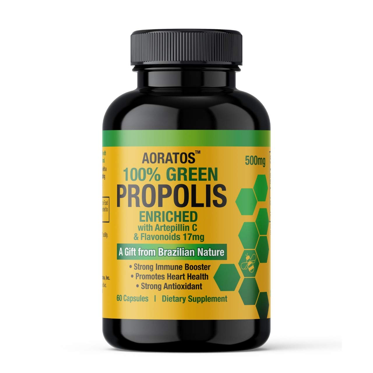 Aoratos 100% Brazilian Green Propolis Enriched 500mg Immune Support Capsule, 60 Capsules