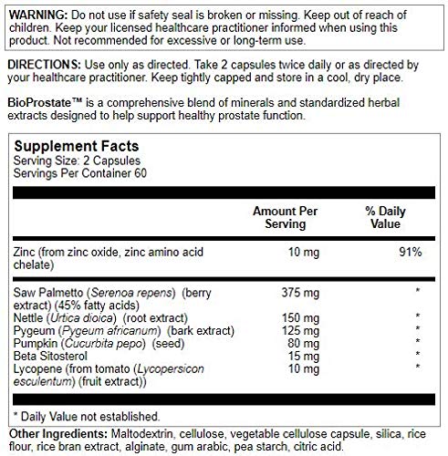 Nutra BioGenesis BioProstate Saw Palmetto for Men Prostate Health Urination Flow Support with Pumpkin Seed, Nettle & Pygeum Capsules 120