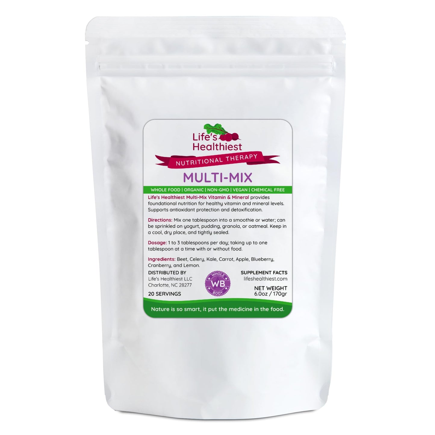 The Beet Lady Life's Healthiest Multi Mix Vitamin & Mineral Whole Food Therapy Blend with Real Fruit & Vegetables, Organic, Plant-Based, Non-GMO, Powder, 6 oz