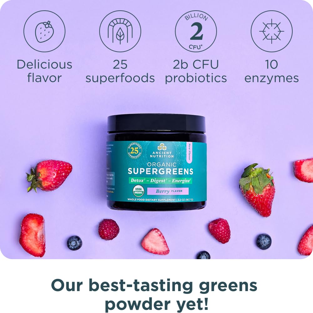 Ancient Nutrition Multi Collagen Protein Powder Vanilla + Organic Supergreens Powder Berry, Powder, 25.4