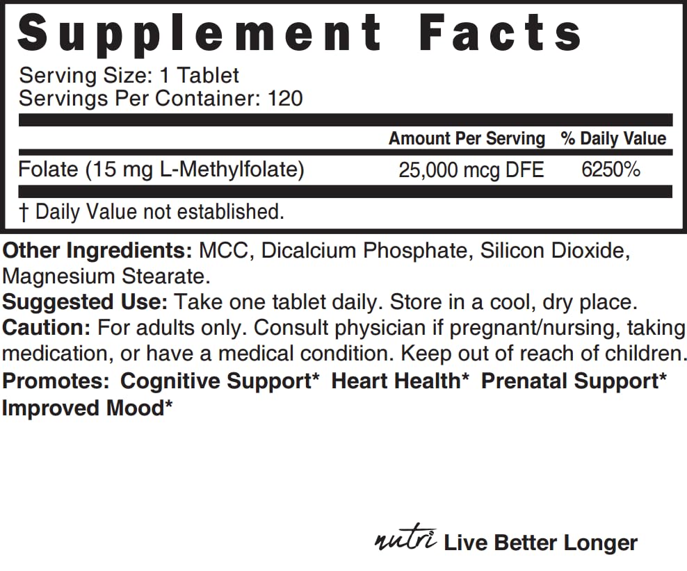 Nature's Fusions Nutri 5-MTHF L-Methylfolate 15MG Tablet, 120 Count