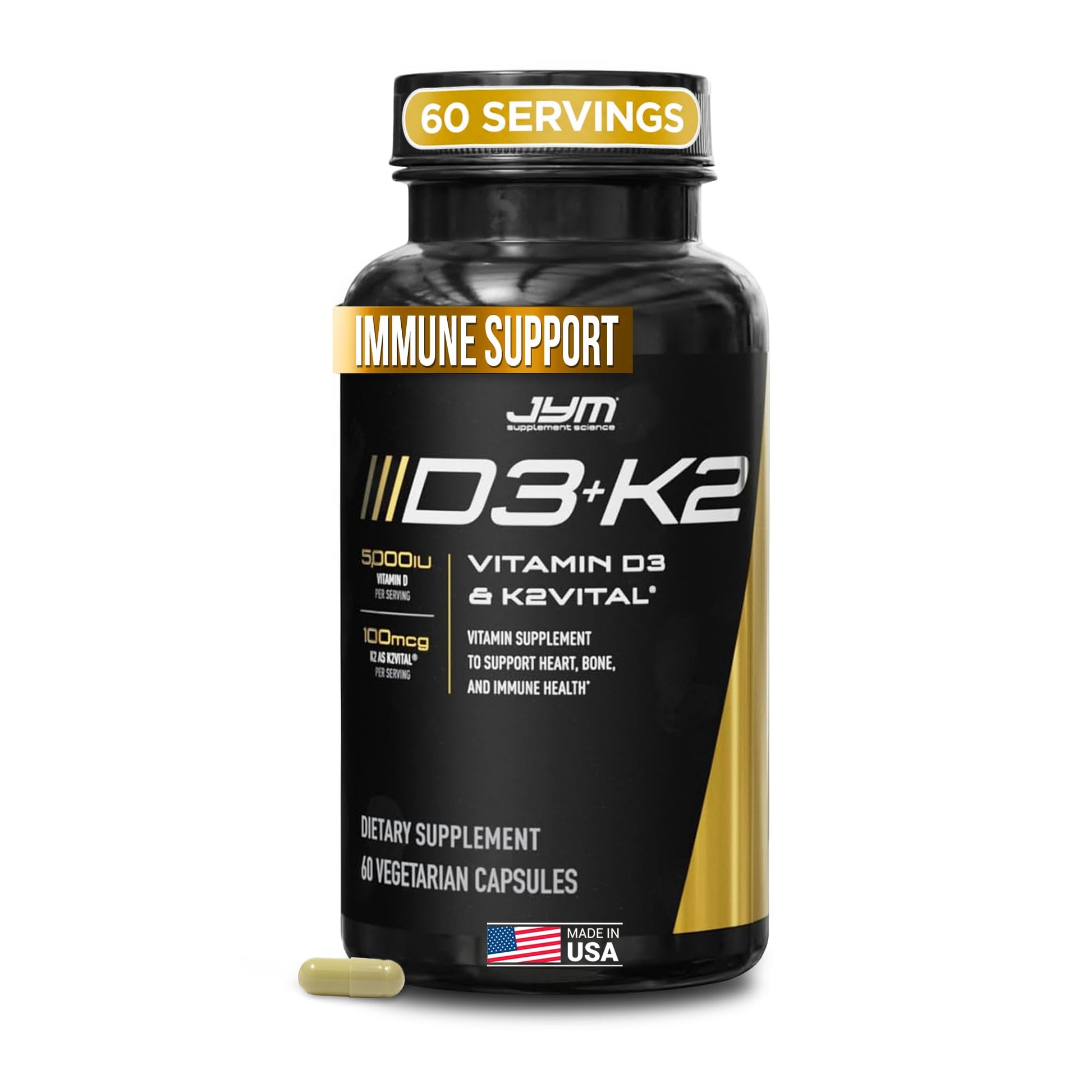 JYM Supplement Science D3 + K2 Supplement 5000 IU Vitamin D3, 100 mcg K2 MK7 Capsules 60 Count