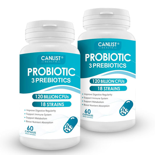 CANLIST Probiotics 120 Billion CFUs, 18 Strains, 3 Prebiotics & Digestive Enzymes, 120 Capsules