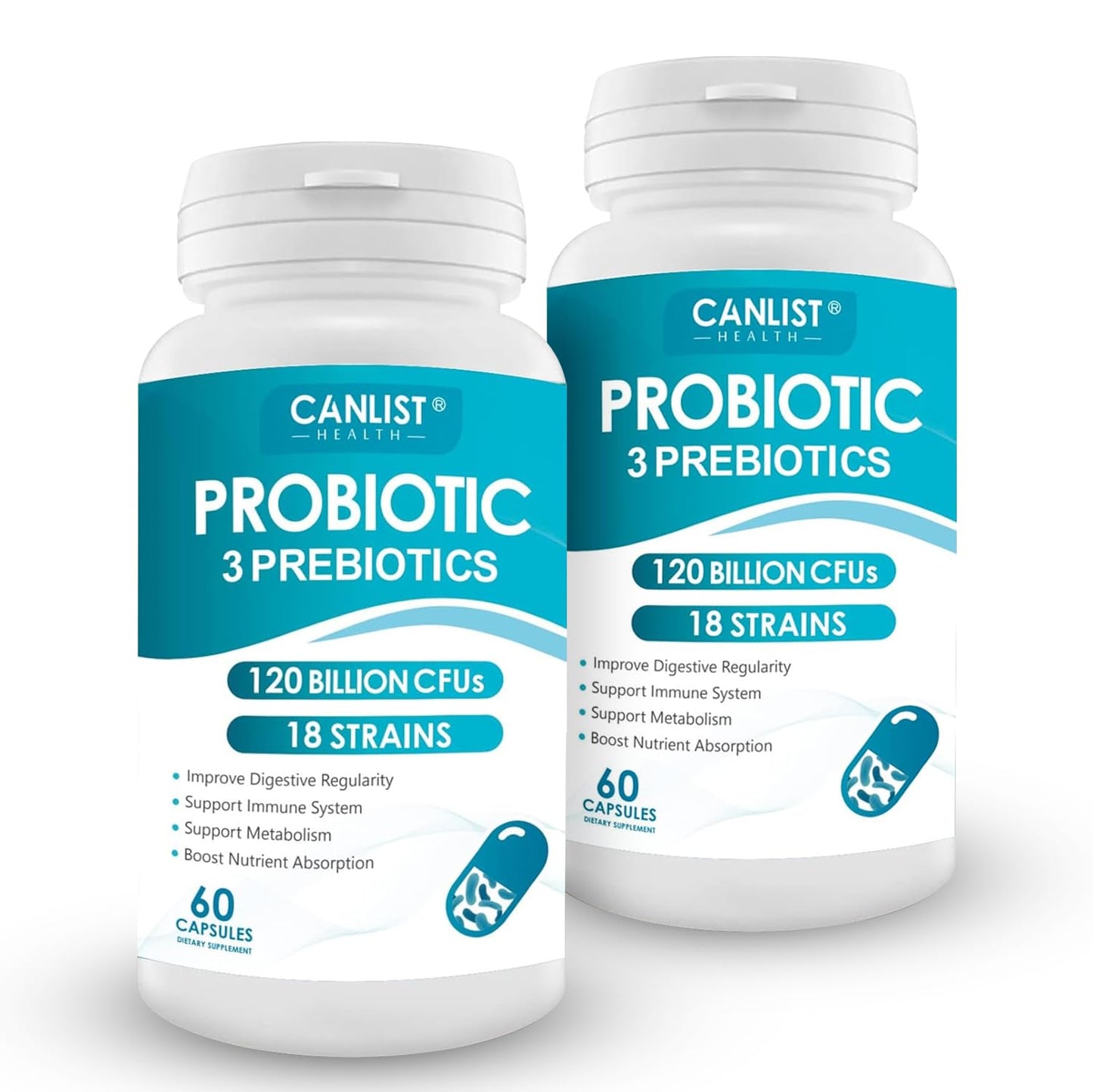 CANLIST Probiotics 120 Billion CFUs 18 Strains, 3 Prebiotics & Digestive Enzymes for Men Women, Digestive & Immune Support, Shelf Stable Non-GMO, 120 Capsules