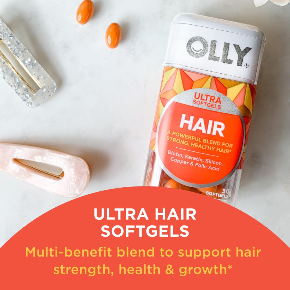 OLLY Hair and Energy Vitamin Bundles - Ultra Strength Hair Softgels and Daily Energy Gummies with Biotin (Vitamin B7) - 90 Count