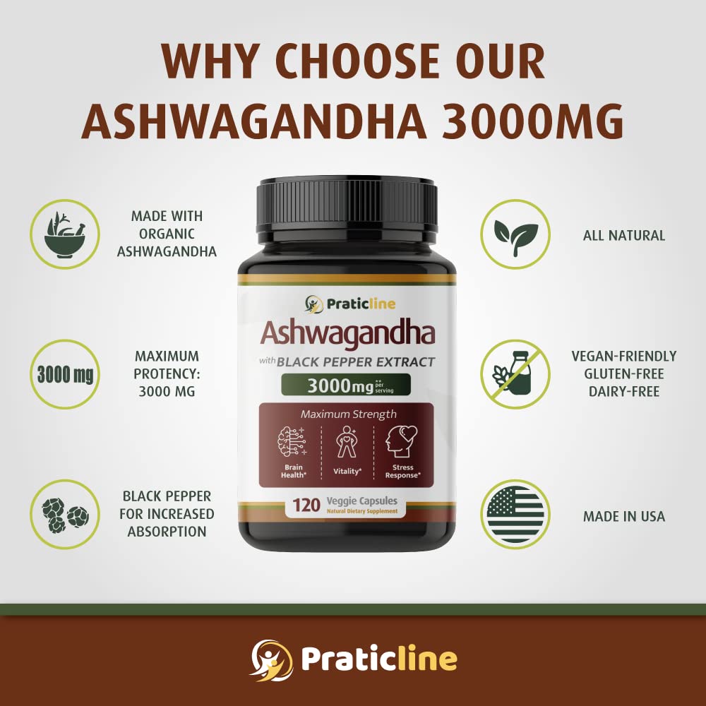 PRATIC LINE Ashwagandha Capsules 3,000 mg 120 Count