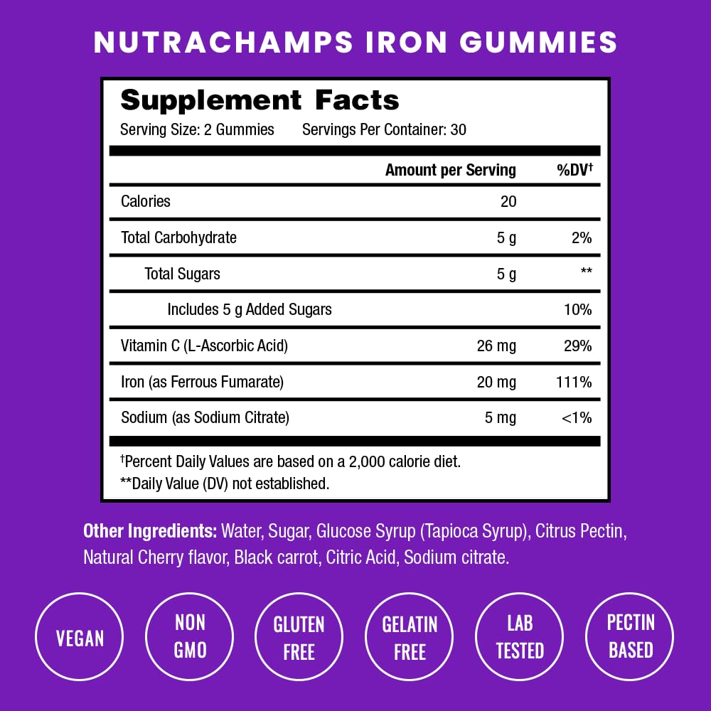 NutraChamps Iron Gummies with Vitamin C Gummy, 60 Count