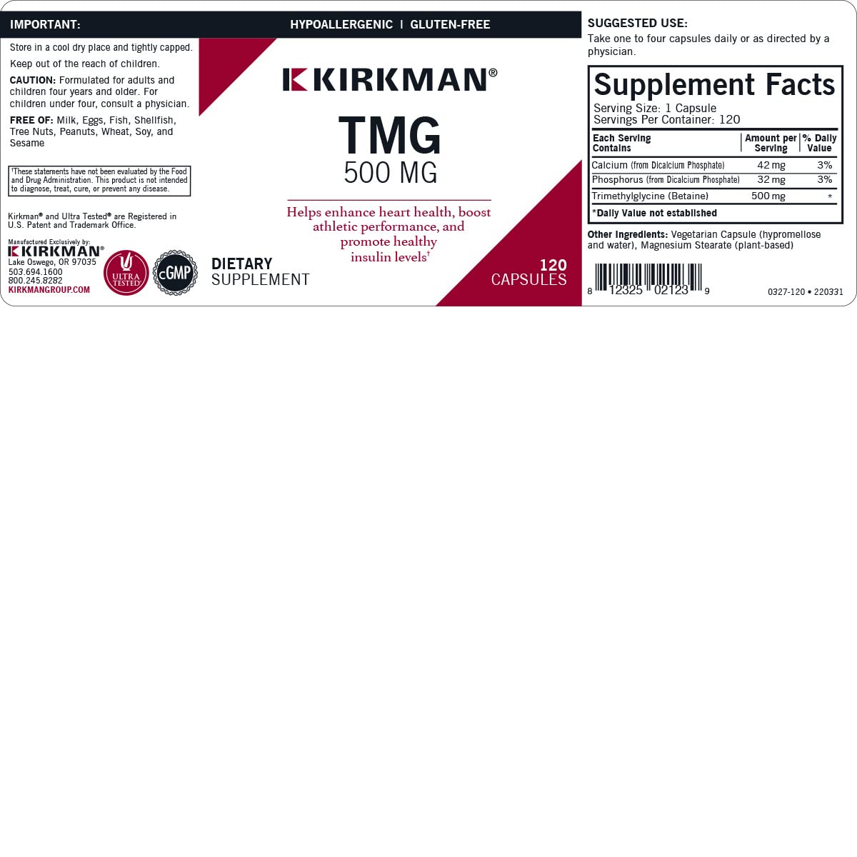 Kirkman TMG 500 mg Trimethylglycine Vegetarian Capsules, Hypoallergenic, Gluten Free, Casein Free, 120 Count