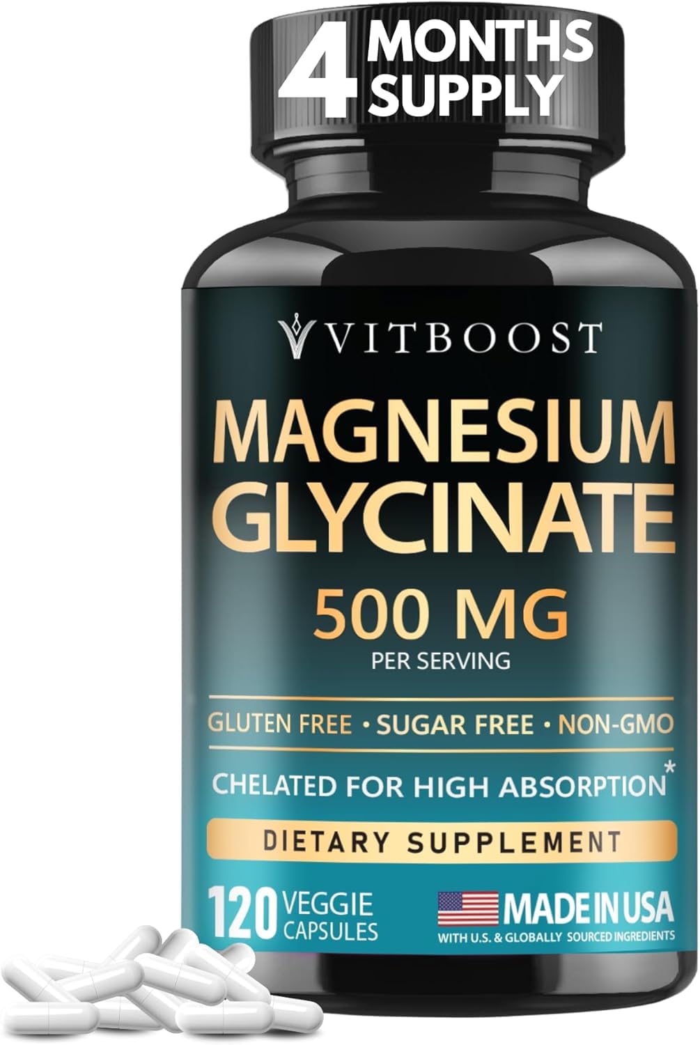 VITBOOST Magnesium Glycinate 500mg Capsules, 120 Count