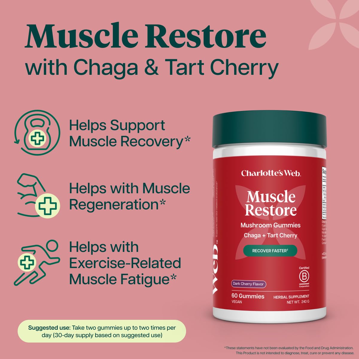 Charlotte's Web Muscle Restore Mushroom Gummies — Chaga & Tart Cherry, Dark Cherry Flavor, Vegan, Kosher, Non-GMO, 60 Count