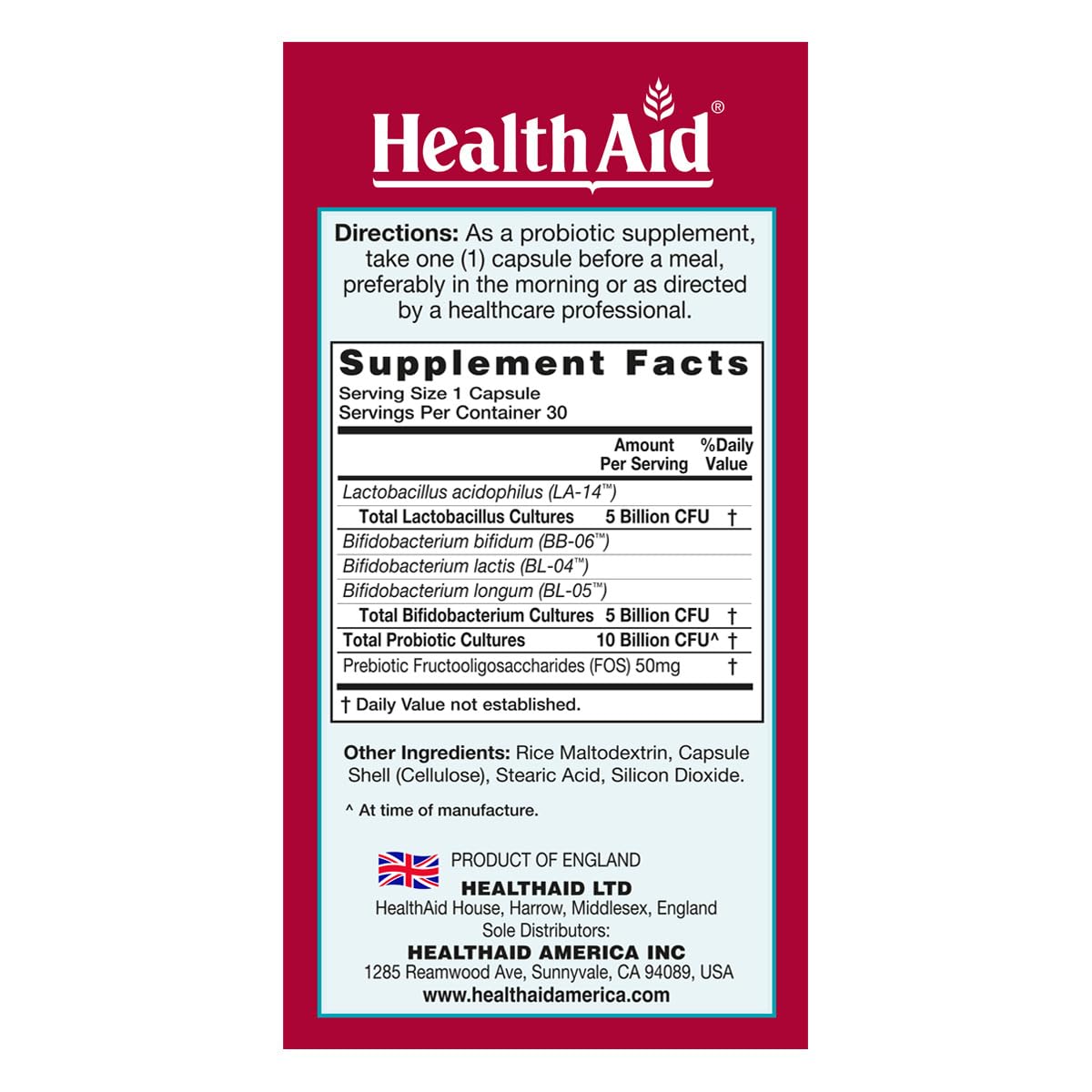 HealthAid DailyProbio Daily Probiotic for Gut Balance 10 Billion CFU with Prebiotic, 10 Strains, Once Daily, Vegan, Shelf-Stable, Non-GMO, 30 Capsules