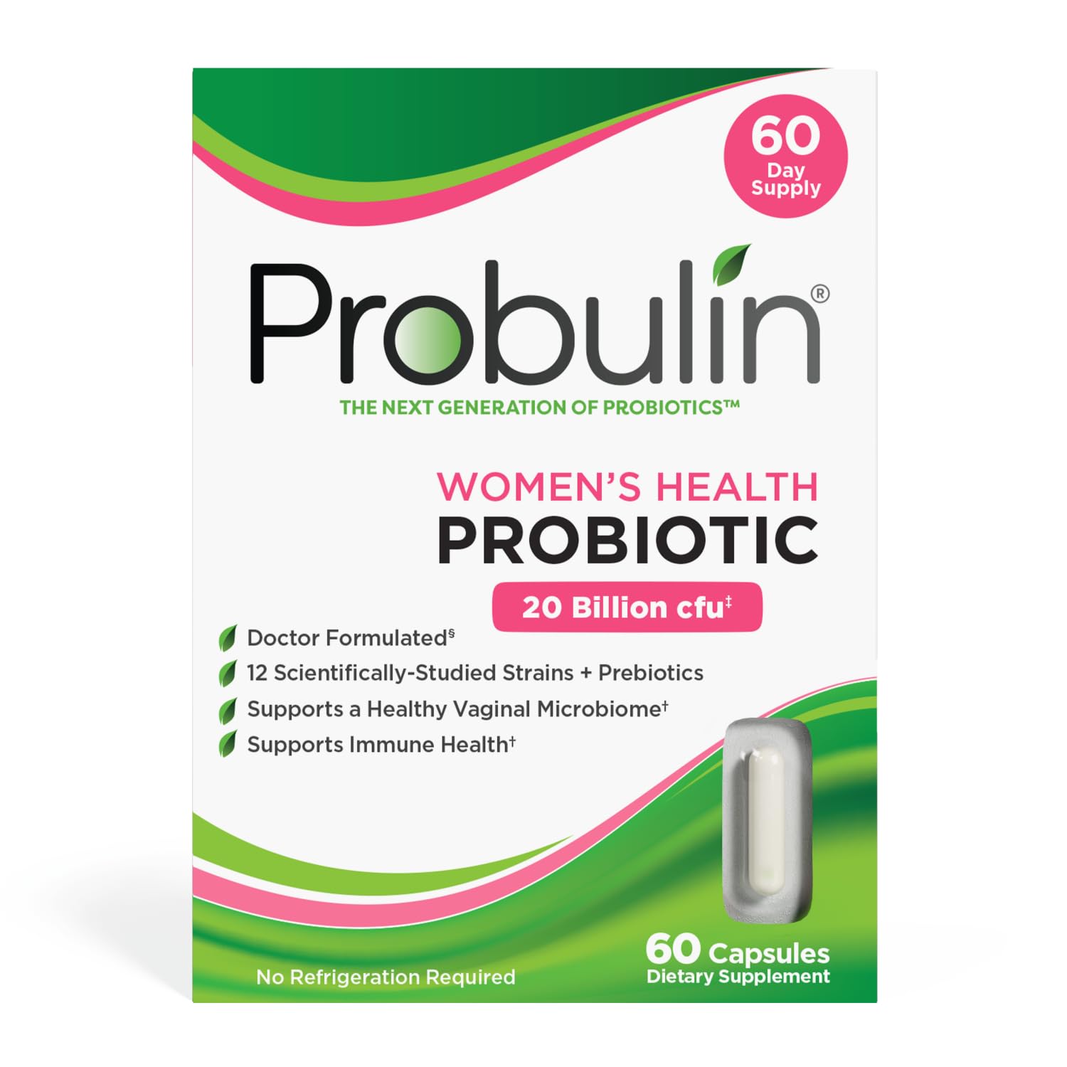 Probulin Women's Health Probiotic + Prebiotic for Vaginal, Gut & Immune Health - 20 Billion CFU - 12 Probiotic Strains 60 Capsules