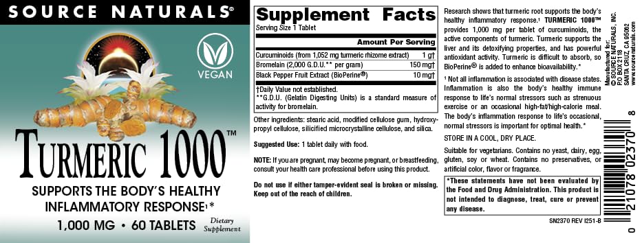 Source Naturals Turmeric 1000mg Tablet, 60 Tablets