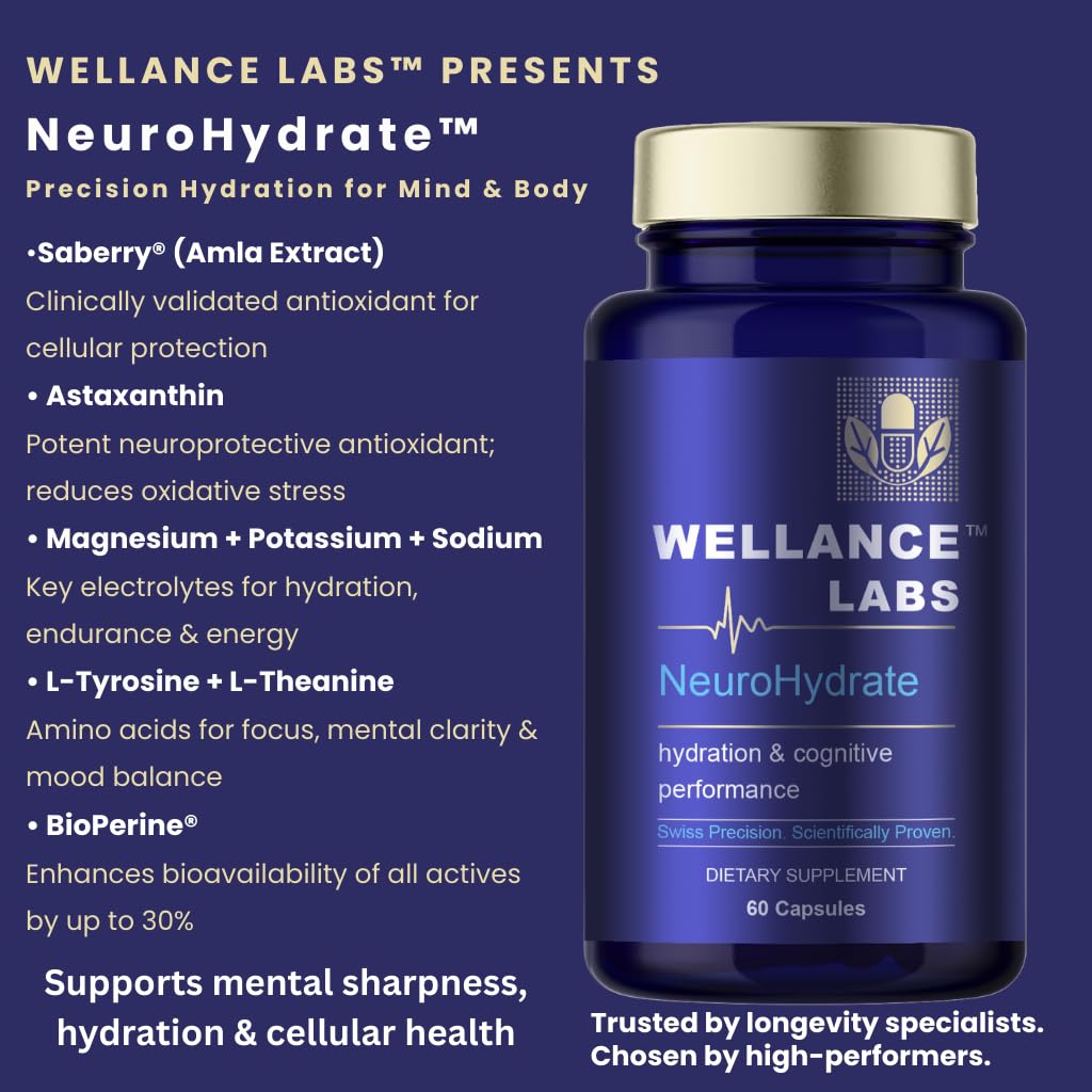 Wellance Labs NeuroHydrate Cognitive Performance & Hydration Supplement with Electrolytes, Amla & Astaxanthin 60 Capsules