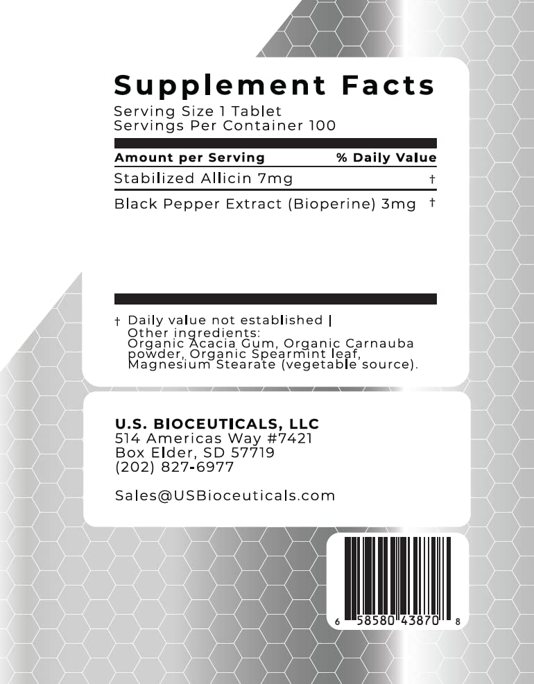 U.S. Bioceuticals Organic Stabilized Allicin Tablet with Spearmint, 100 Tablets