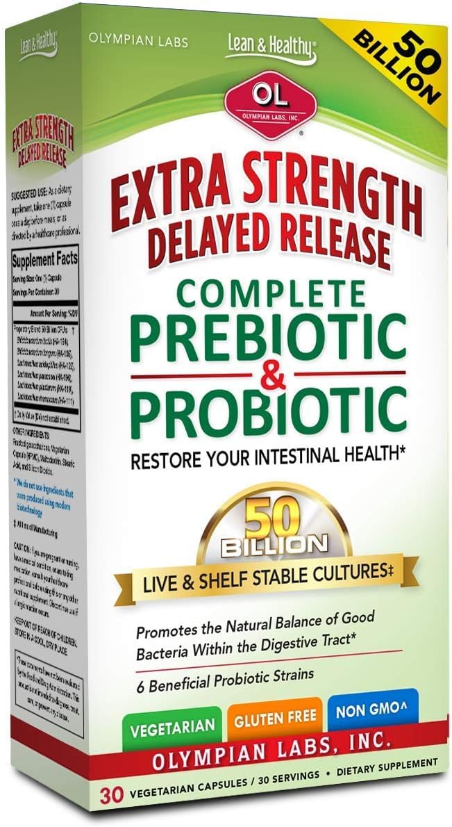 Olympian Labs Extra Strength Complete Prebiotic and Probiotic Supplement - 50 Billion Live Shelf Stable Cultures, 30 Capsules