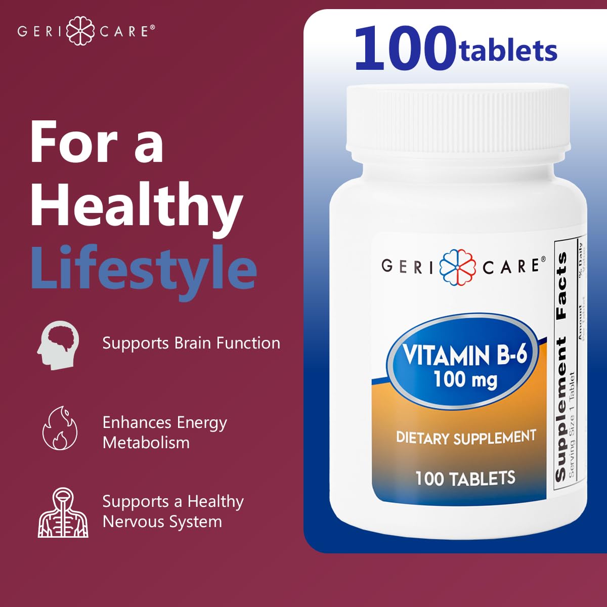GeriCare Vitamin B-6 100mg Tablet, 100 Tablets