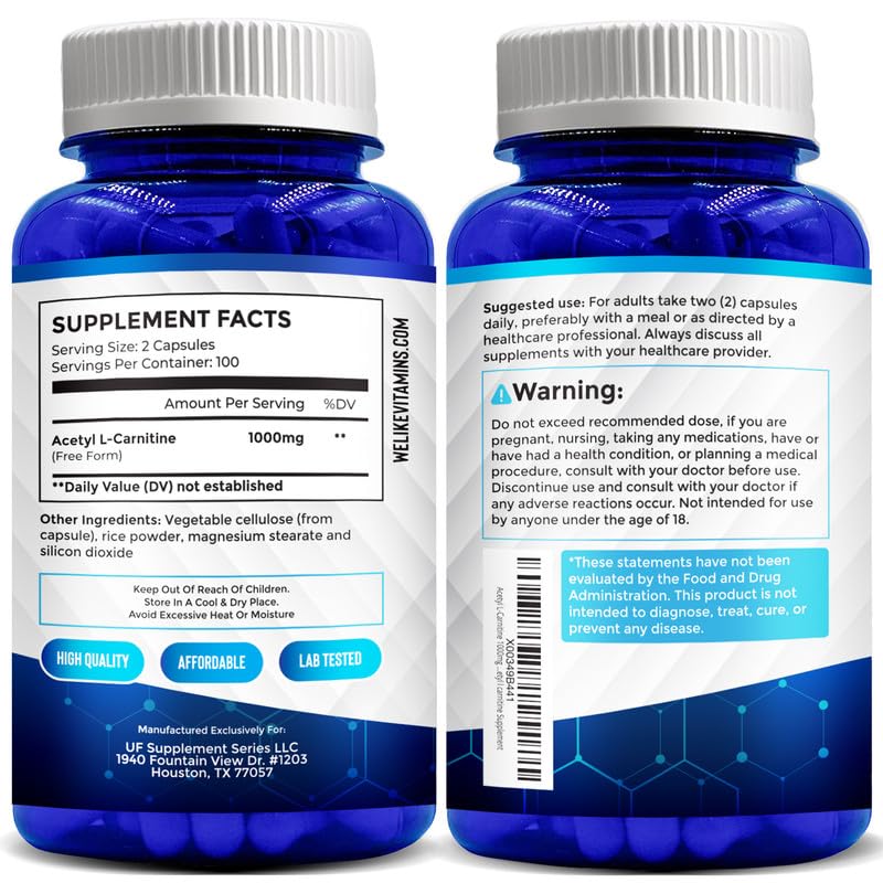 We Like Vitamins Acetyl L-Carnitine 1000mg Capsules, 200 Count