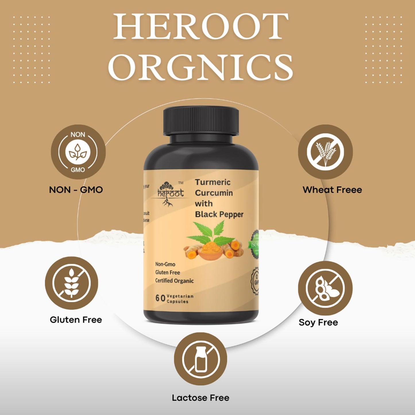 Heroot Turmeric Extract 1000mg with 95% Curcumin & Black Pepper Turmeric Complex Supplement, Capsule, 120 Count, Non-GMO, Gluten Free