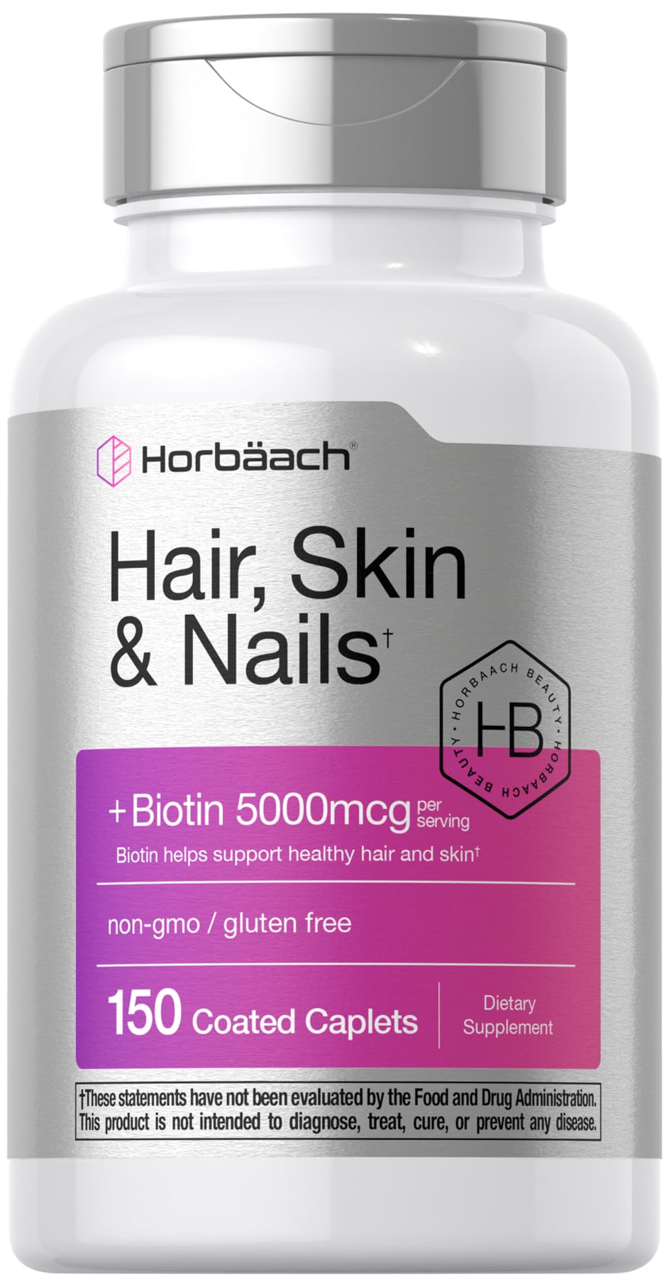 Horbäach Hair Skin and Nails Vitamins with Biotin and Collagen Caplets 150 Count