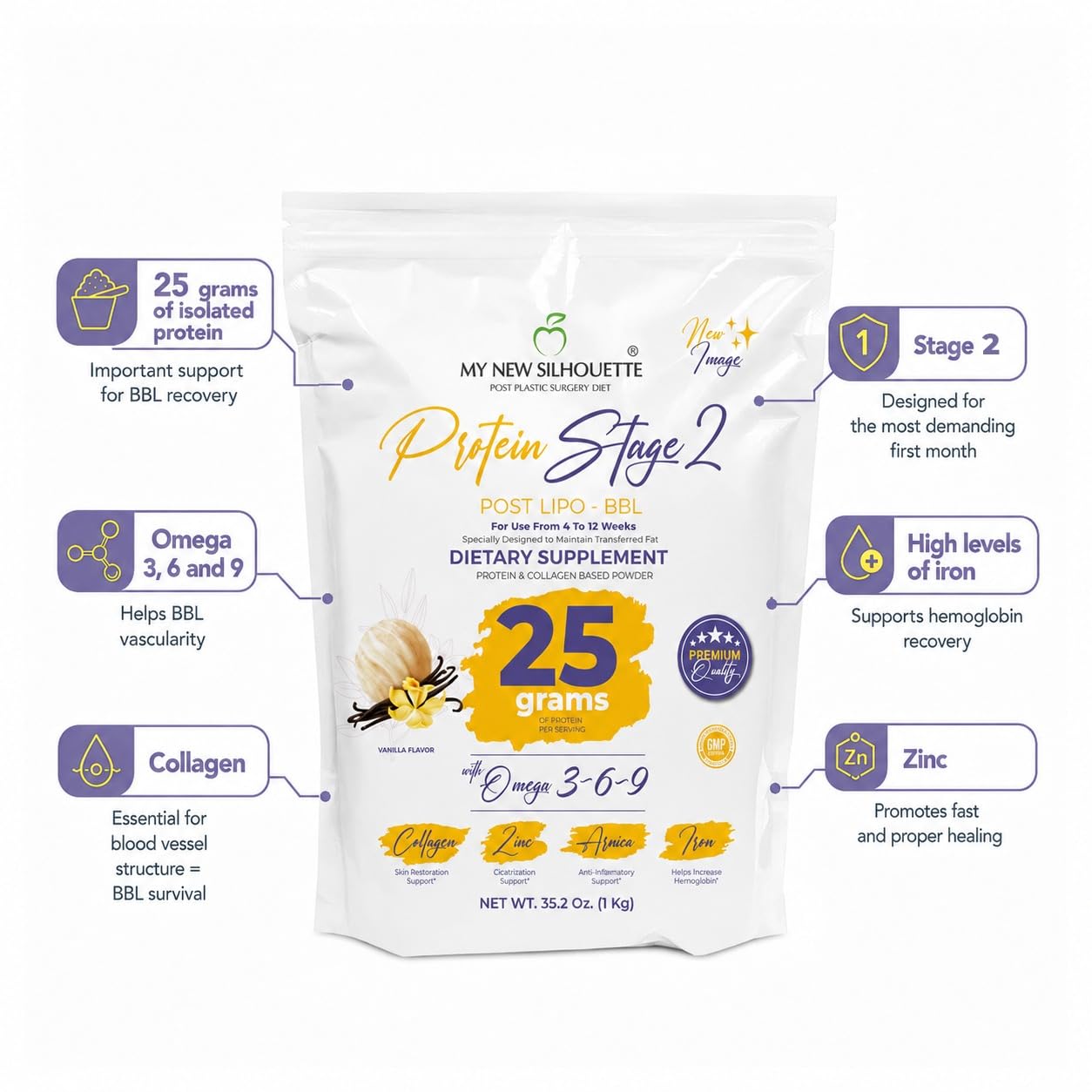 MI NUEVA SILUETA My New Silhouette Stage 2 Isolated Medical-Grade Protein with Omega-3, 6, and 9, 25 g per Serving, Vanilla, Powder, 0.04 Ounce