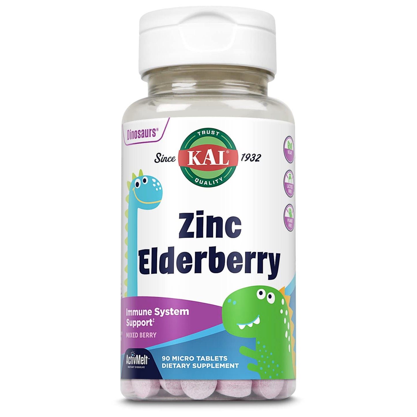 KAL Kids Zinc Elderberry Dinosaurs Immune Support Supplement, 90 Tablets