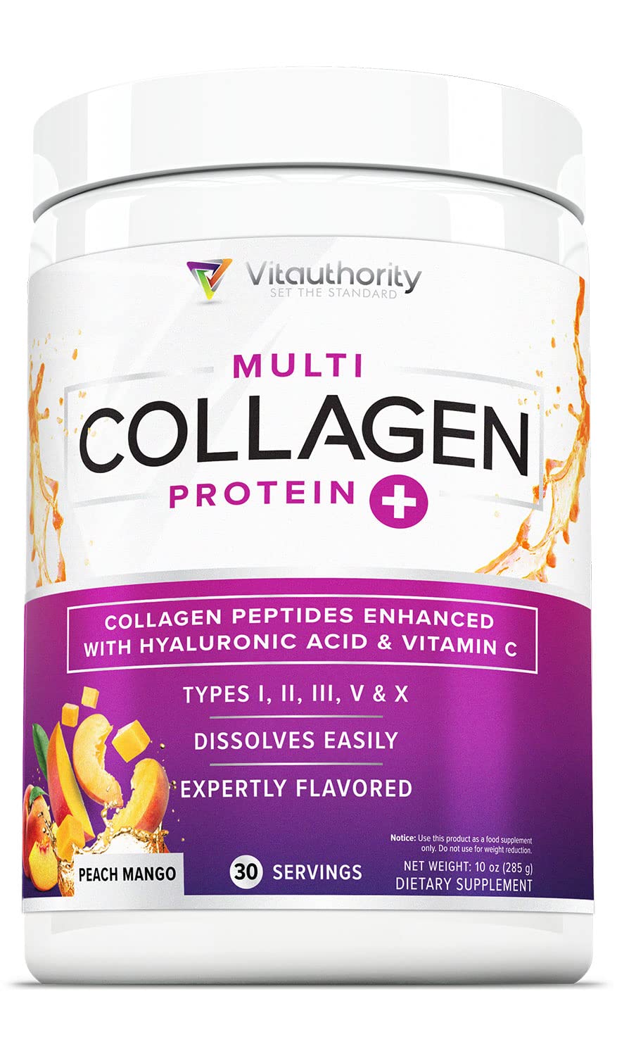 Vitauthority Multi Collagen Peptides Powder for Women, Peach Mango, Hydrolyzed, Types I II III V & X, Vitamin C & Hyaluronic Acid for Hair Skin Nails, 10 Servings