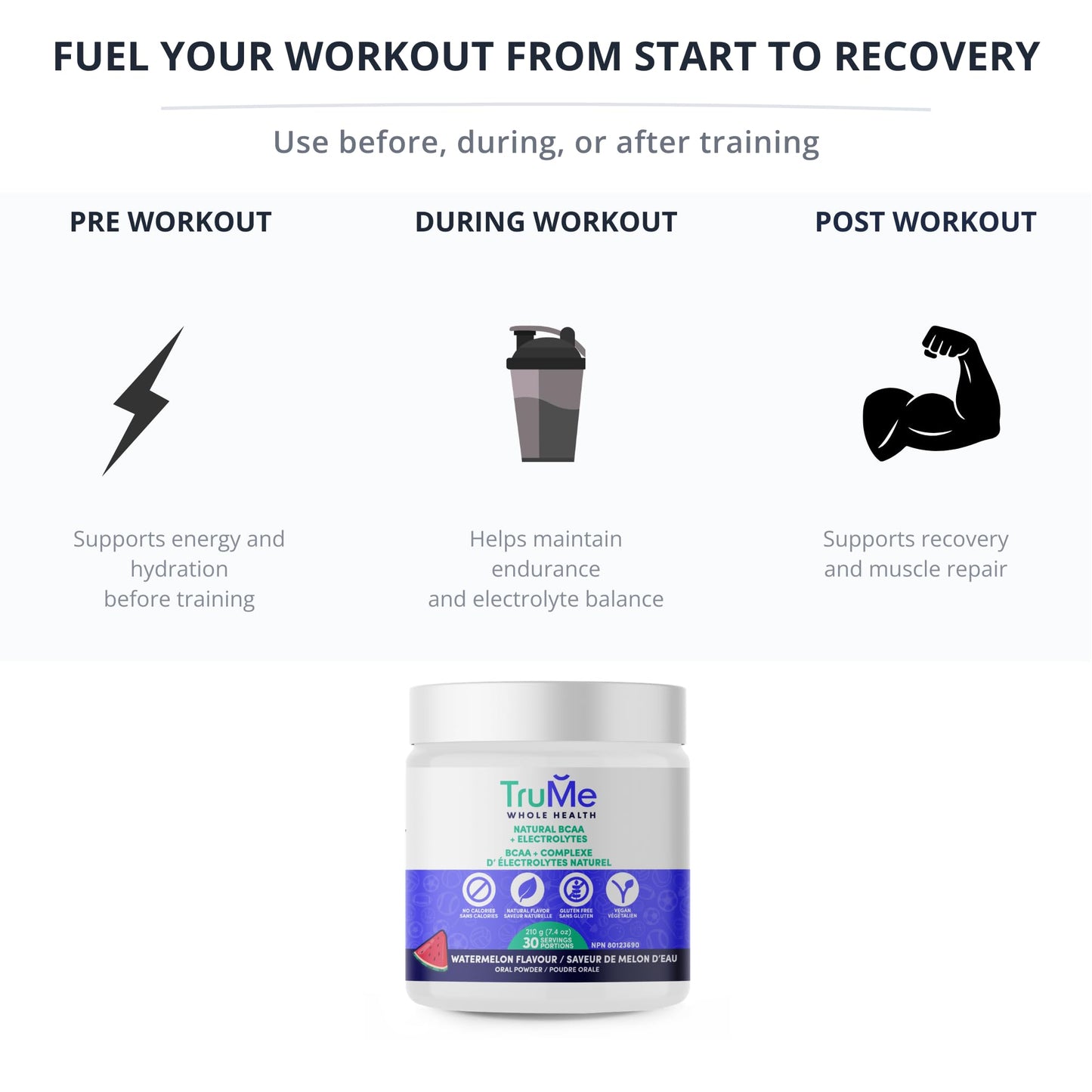 TruMe Whole Health BCAA Powder with Electrolytes Informed Sport Certified, 2:1:1 Ratio (2.25g Leucine), Clean Amino Recovery, No Sugar, No Artificial Colors, Watermelon, 7.4