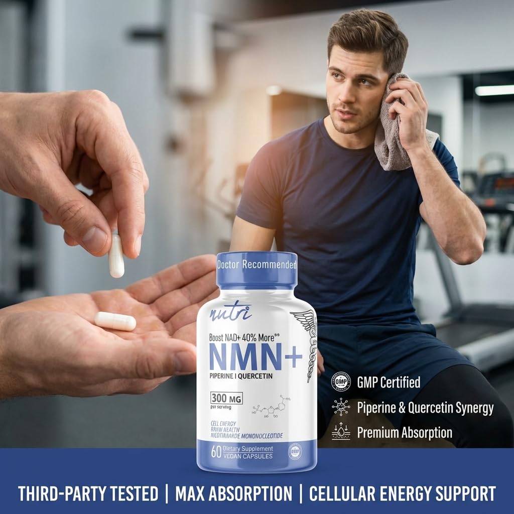 Nature's Fusions Nutri NMN Supplement 300mg NAD Supplement - Ultra High Absorption Stabilized NMN Nicotinamide Mononucleotide, 40% More NAD+ with Quercetin Phytosome & Black Pepper, 60 Capsules