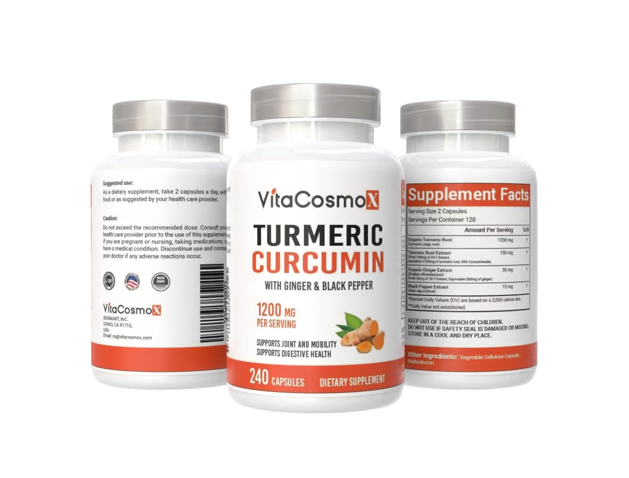 VitaCosmoX Turmeric Curcumin with Bioperine 1200 mg Veggie Capsules, 240 Count