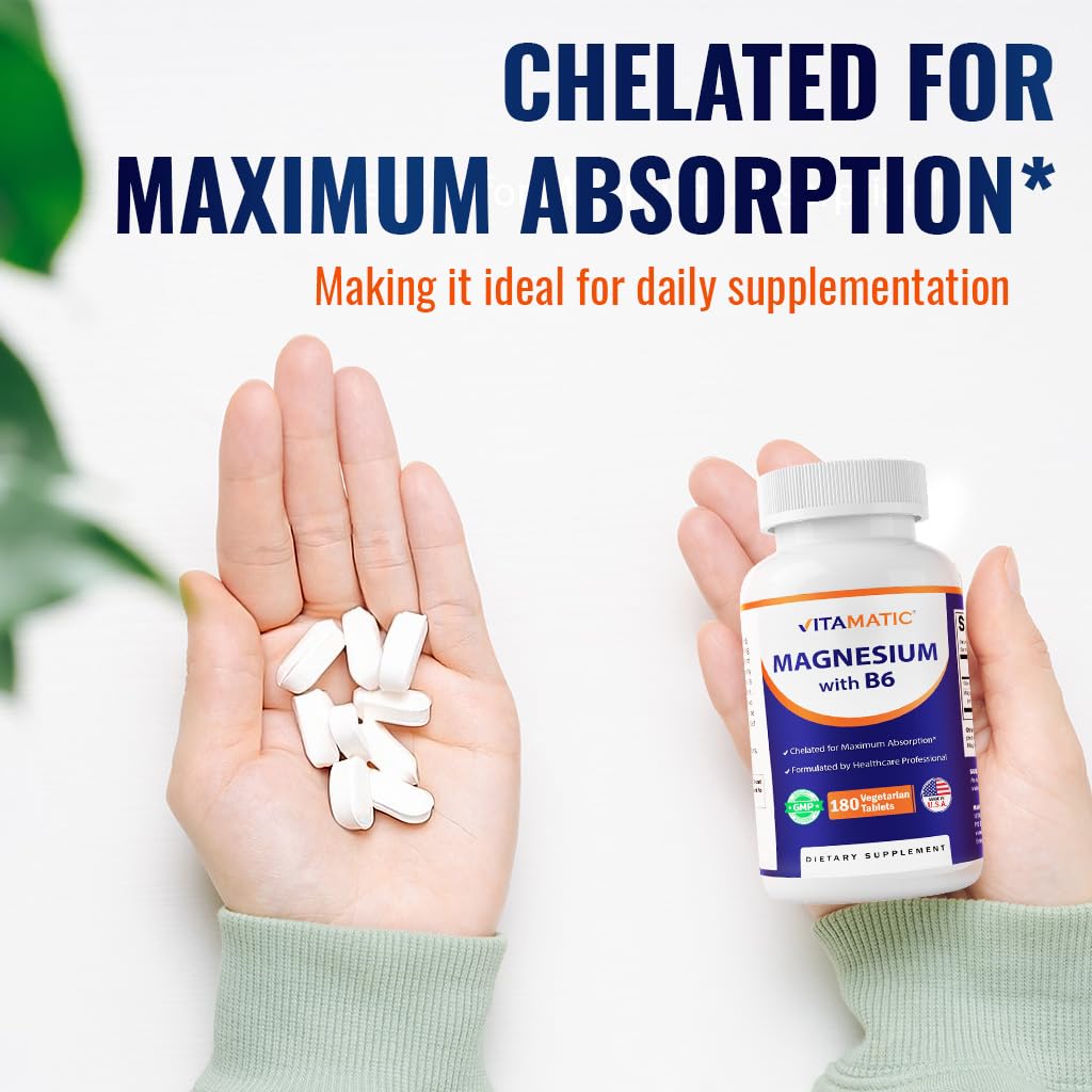 Vitamatic Magnesium with B6-180 Vegetarian Tablets (Uncoated) - Added B6 for Maximum Absorption - Supports Muscle, Joint, and Heart Health, 540 Tablets
