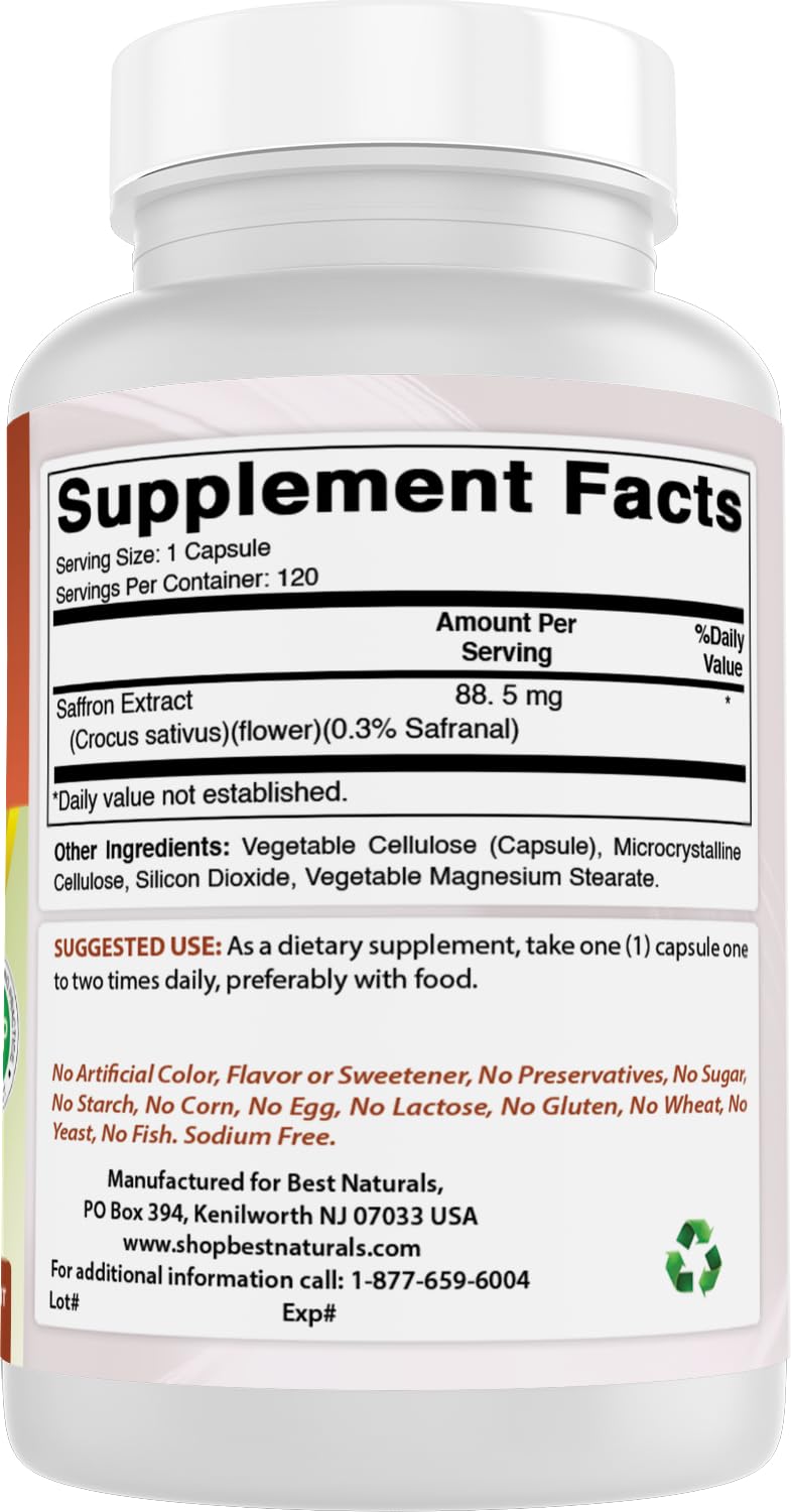 Best Naturals Saffron Extract 88.5 mg - 0.3% Safranal, 120 Capsules