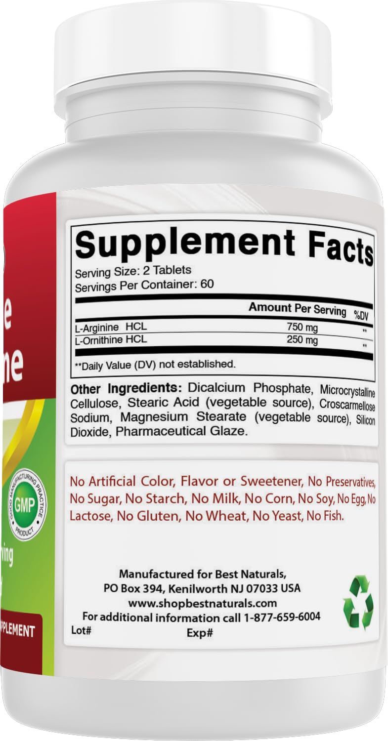 Best Naturals L-Arginine L-Ornithine 1000mg per Serving, 120 Tablets