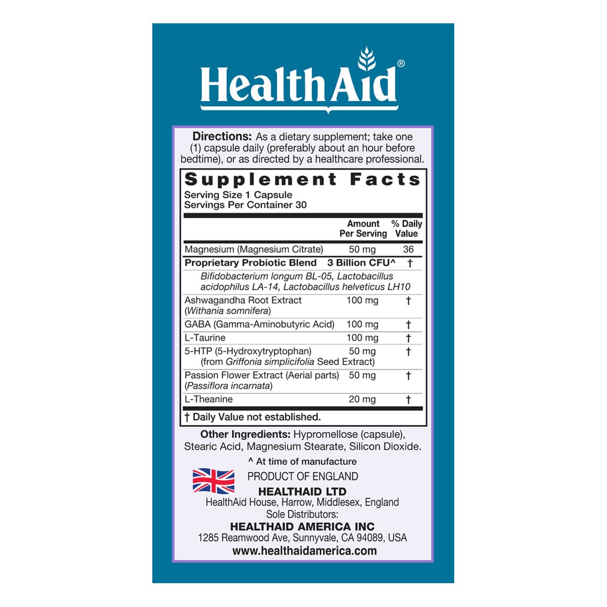 HealthAid SleepProbio Sleep Support Supplement – with Magnesium, 5-HTP, GABA, Ashwagandha & Probiotics – Helps Support Restful Sleep & Relaxation – Once Daily, Vegan Capsule, 30 Capsules