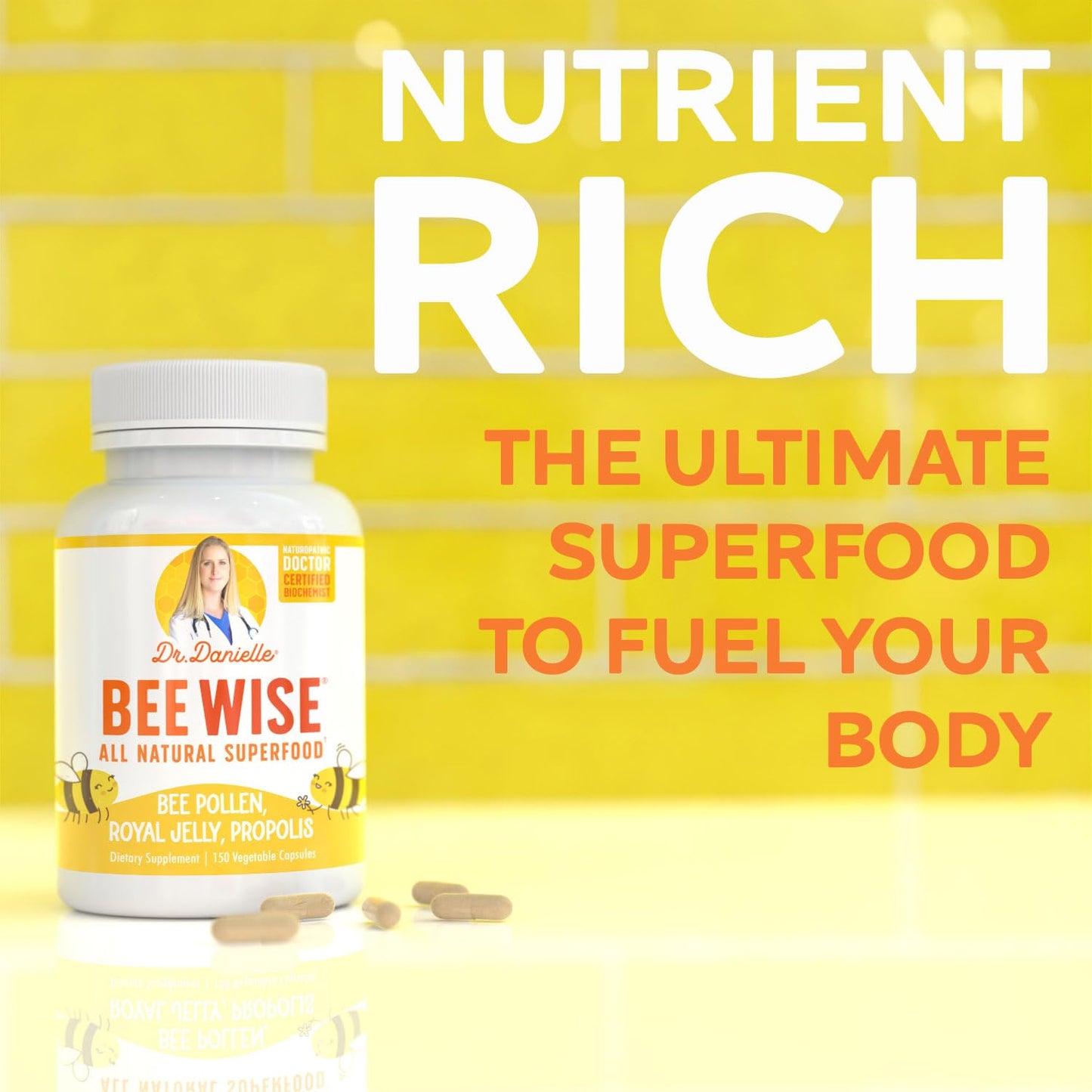 Doctor Danielle Bee Wise Bee Pollen Supplement with Royal Jelly, Propolis Capsule, 150 Count
