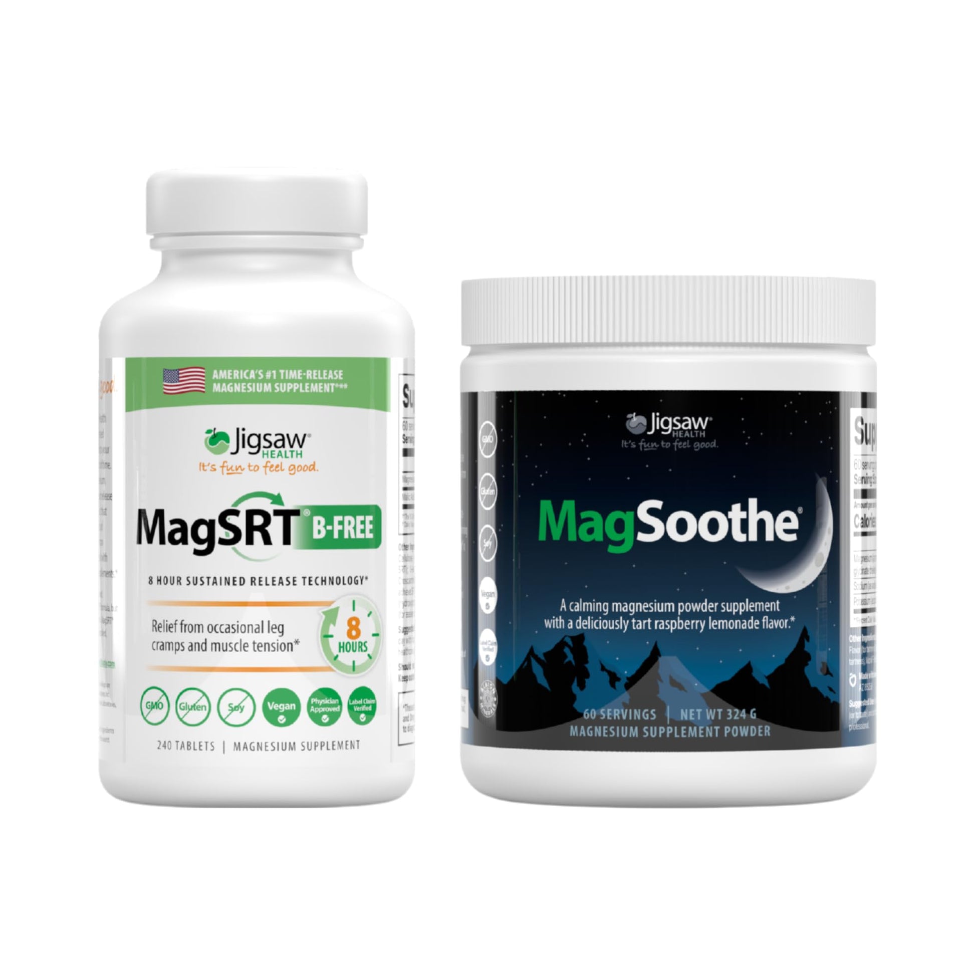 Jigsaw Health Magnesium Bundle: MagSRT (B-Free) Tablets, 240 Tablets, and MagSoothe 60 Servings (2-Pack)
