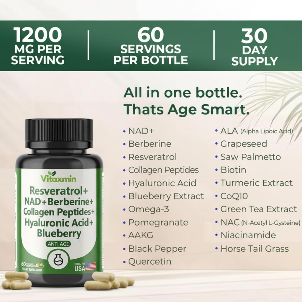 vitaxmin NAD Resveratrol Supplement 200mg with Berberine NAC Collagen - Nicotinamide Riboside NMN NADH CoQ10 Biotin Hyaluronic Acid - Hair Skin Nails Supplement 60 Capsules