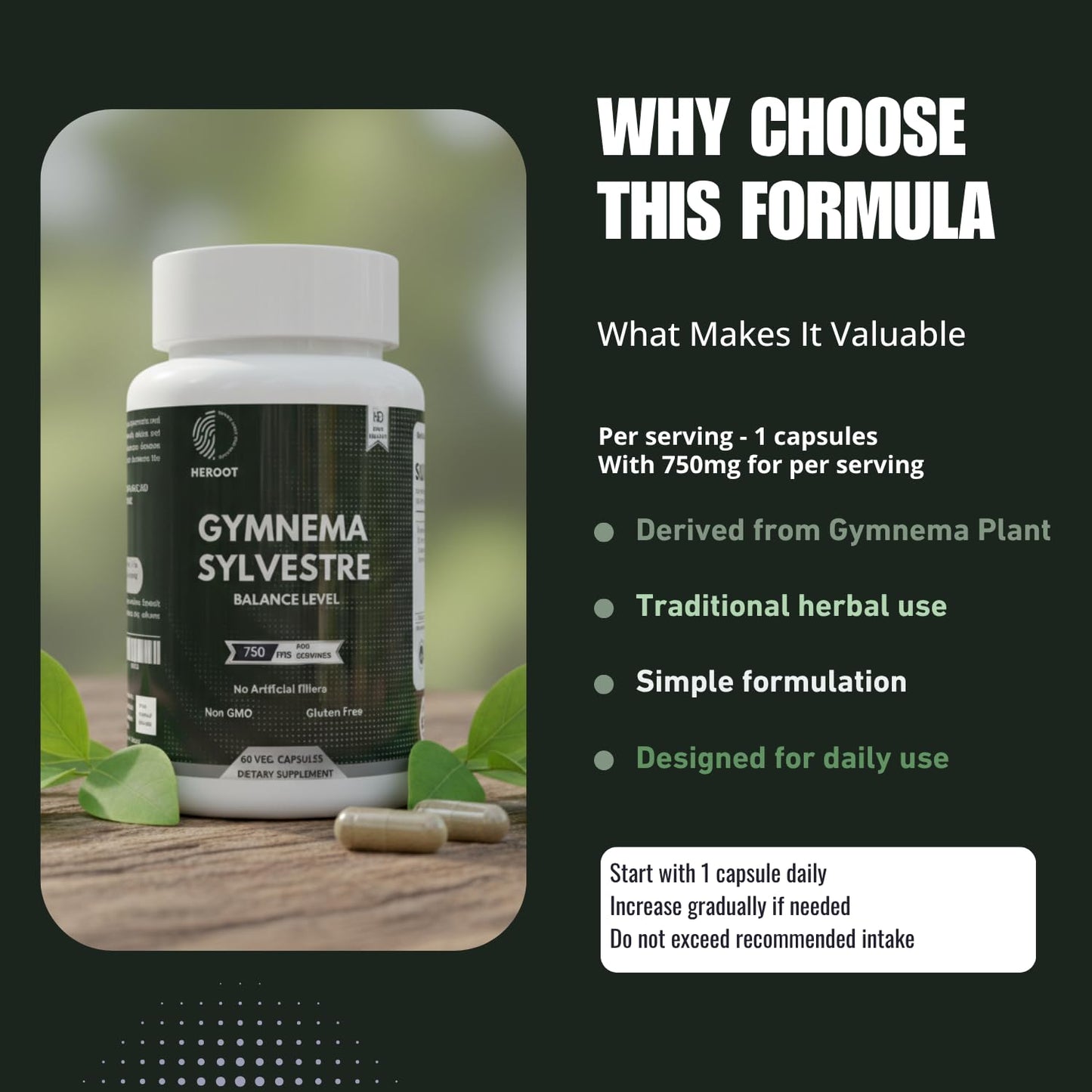 Heroot Gymnema Sylvestre Extract 350 mg for Blood Sugar and Metabolism Support, 60 Capsules