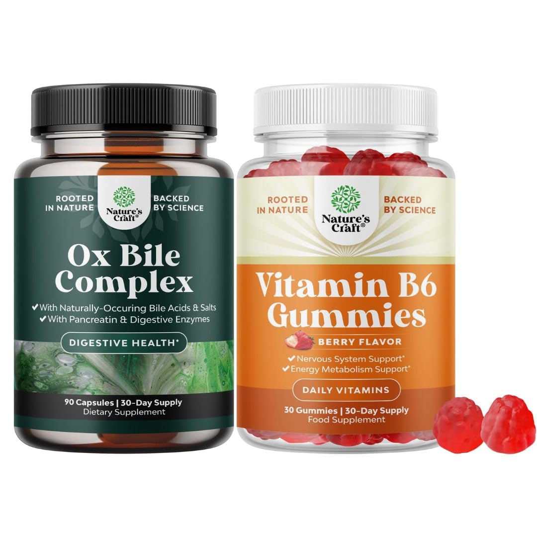 Natures Craft Digestive Enzymes with Ox Bile for No Gallbladder and Vitamin B6 Gummies Bundle, 120 Count