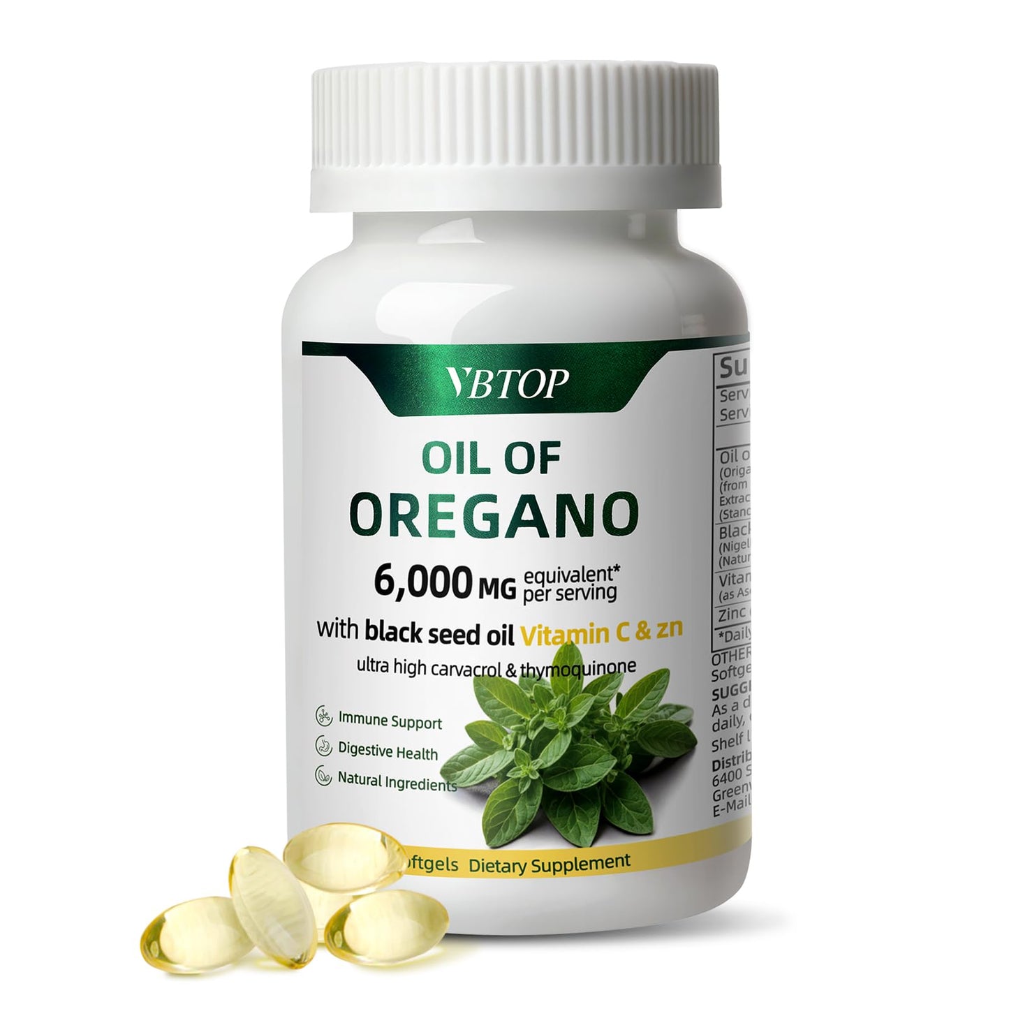 VBTOP Oregano Oil with Black Seed Oil, Vitamin C and Zinc Softgels 90